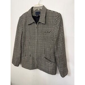 Laura Scott Women's Black White Plaid Wool Blend Zip Jacket size 14 houndstooth